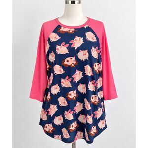 LuLaRoe Randy Womens 3XL Pink Navy Flying Pigs Raglan Baseball Tee Top NWT